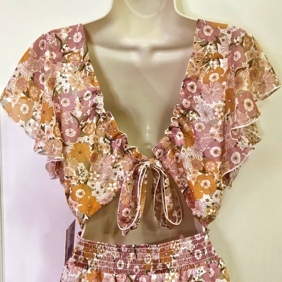 Emerald Sundae Blush Pink/Gold Floral Back Tie Cut-Out Mini Dress,Large,NWT - Picture 10 of 16